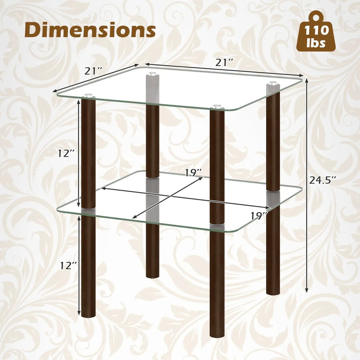 Square End Table with Tempered Glass Top and Shelf by DirectDeals