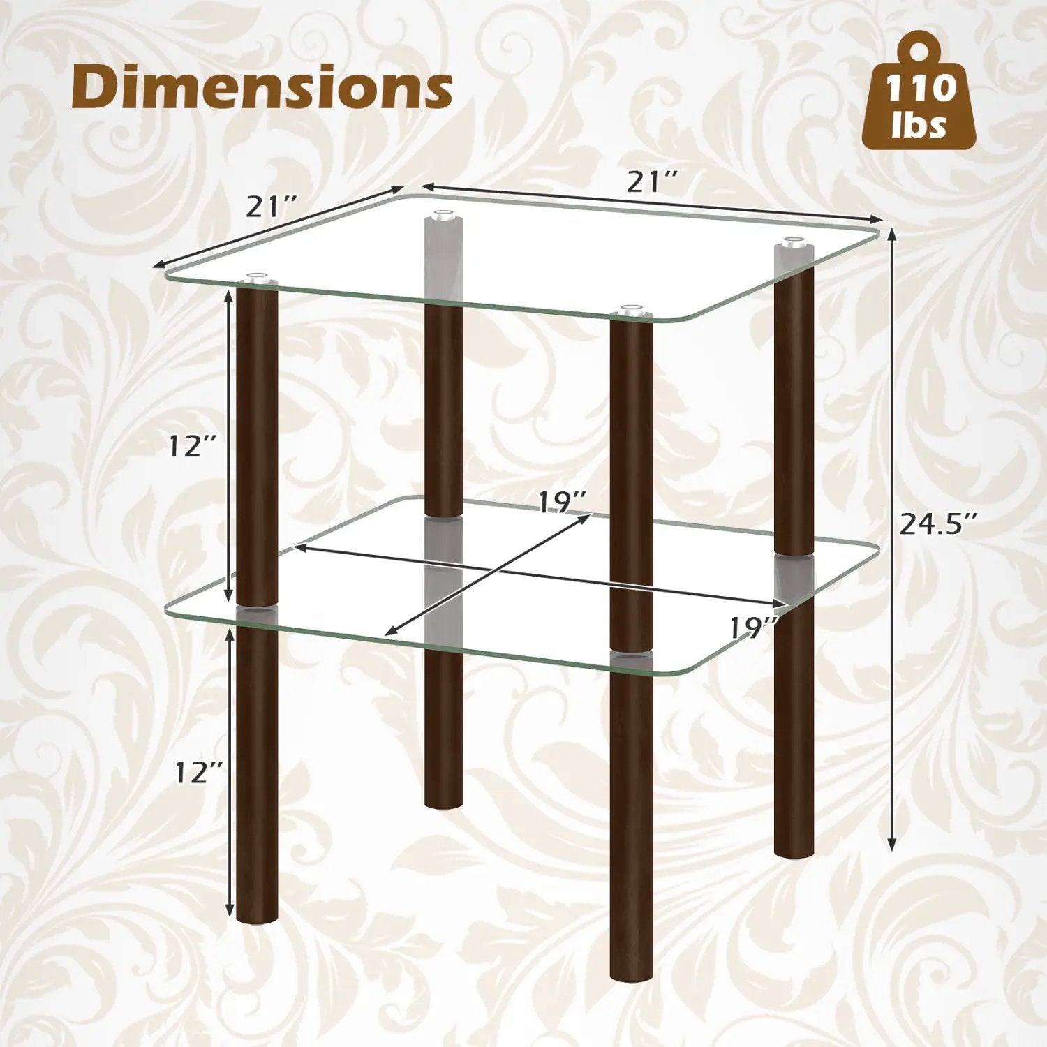 Square End Table with Tempered Glass Top and Shelf by DirectDeals