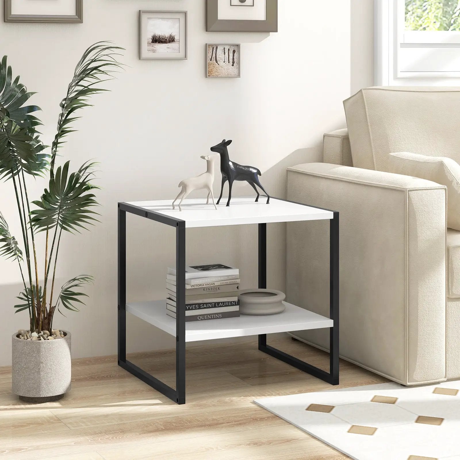 2-Tier Square End Table with Storage Shelf Reversible Design-White by DirectDeals