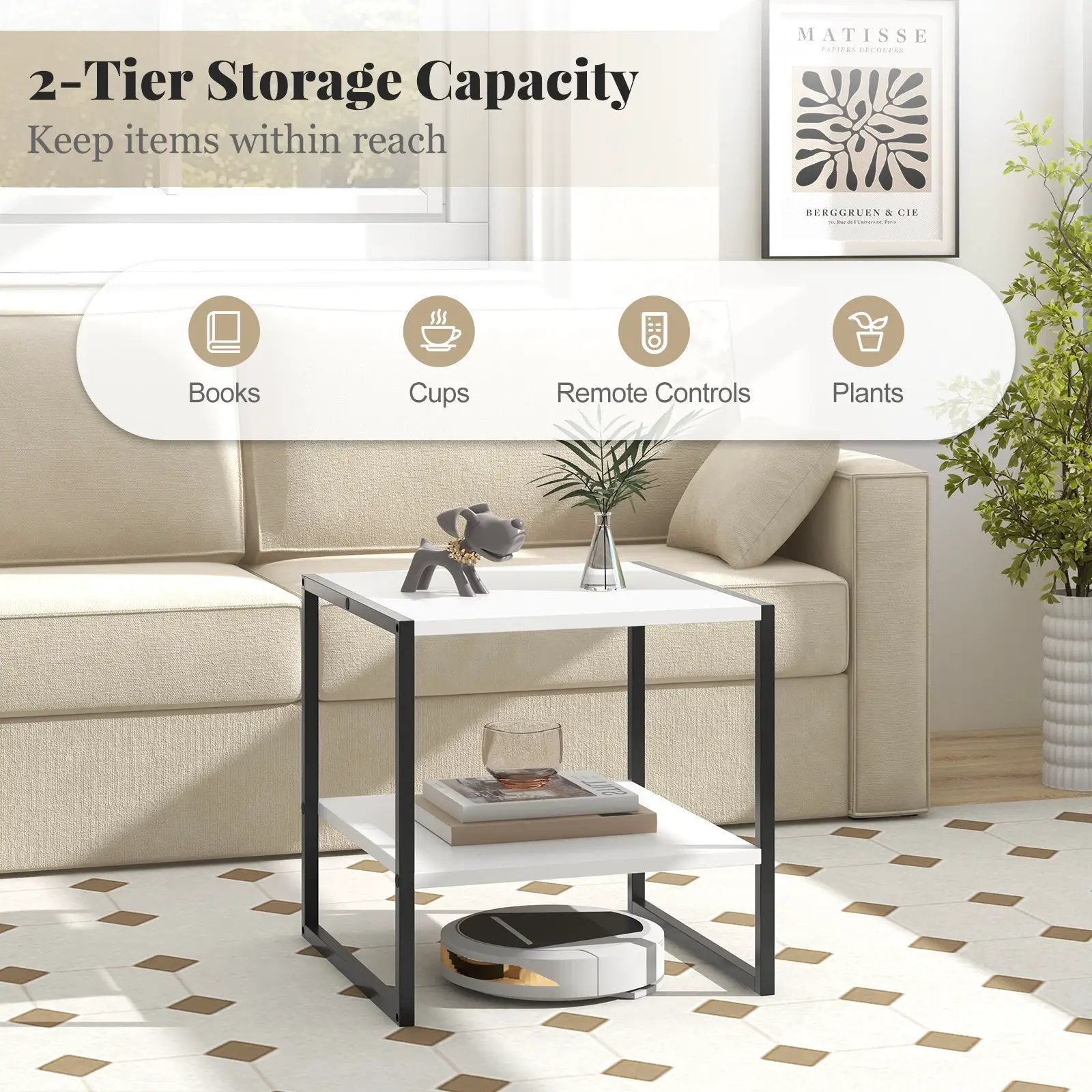 2-Tier Square End Table with Storage Shelf Reversible Design-White by DirectDeals