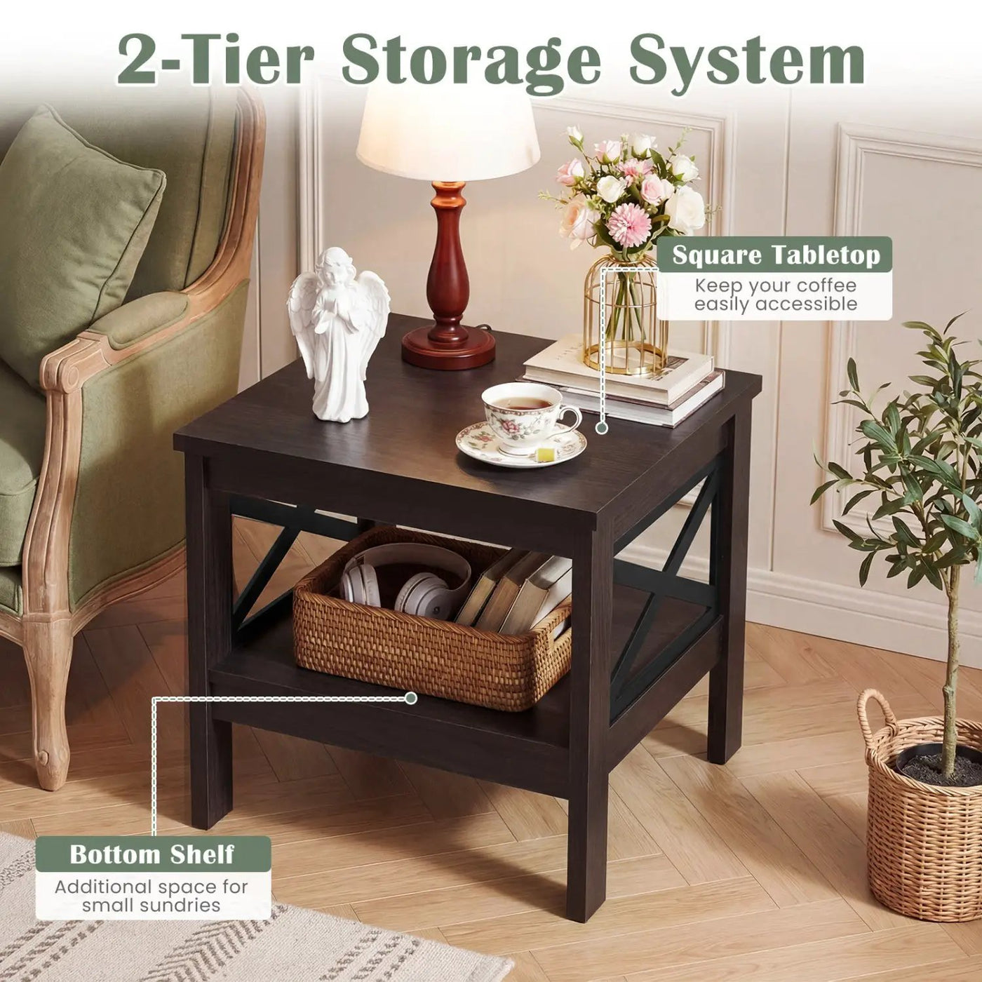 2-Tier Square Side Table with Storage Shelf and X-Frame for Bedroom Living Room by DirectDeals