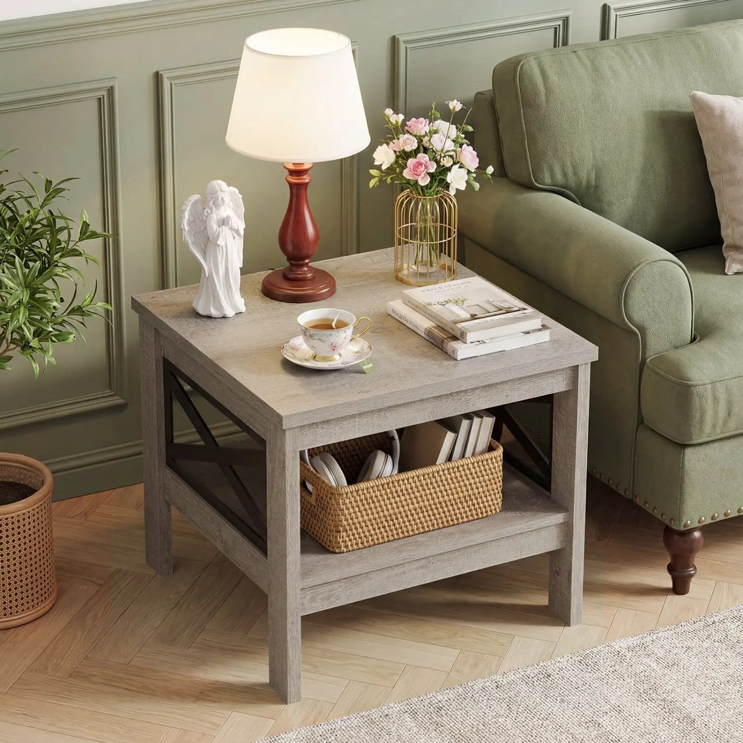 2-Tier Square Side Table with Storage Shelf and X-Frame for Bedroom Living Room by DirectDeals