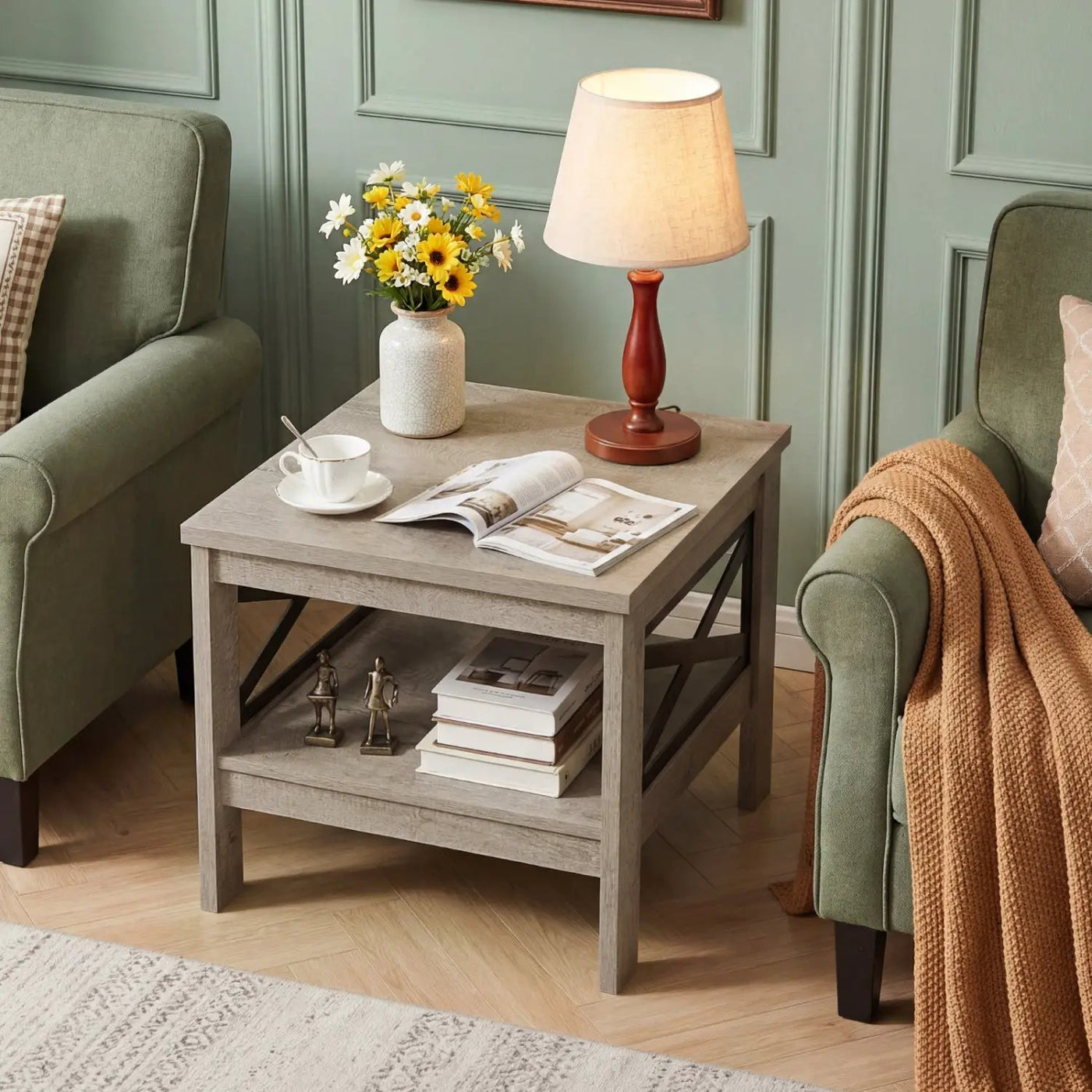 2-Tier Square Side Table with Storage Shelf and X-Frame for Bedroom Living Room by DirectDeals