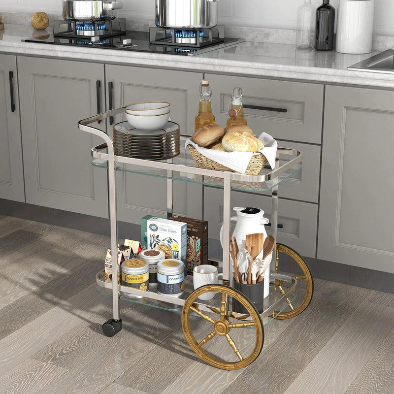 2-Tier Tempered Glass Bar Cart with 2 Large Aluminum Wheels and 2 Rolling Casters by DirectDeals