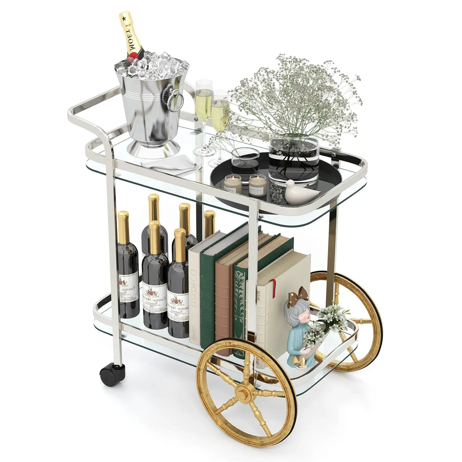 2-Tier Tempered Glass Bar Cart with 2 Large Aluminum Wheels and 2 Rolling Casters by DirectDeals