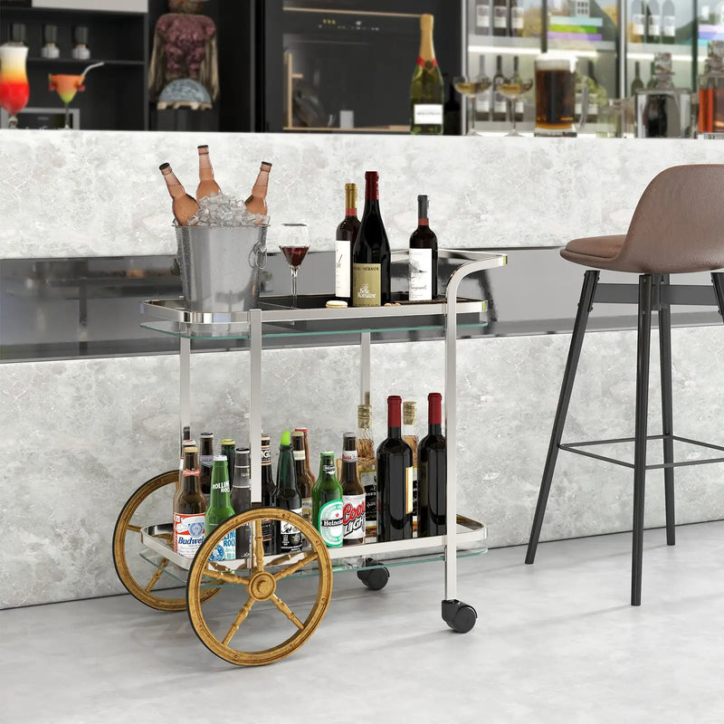 2-Tier Tempered Glass Bar Cart with 2 Large Aluminum Wheels and 2 Rolling Casters by DirectDeals