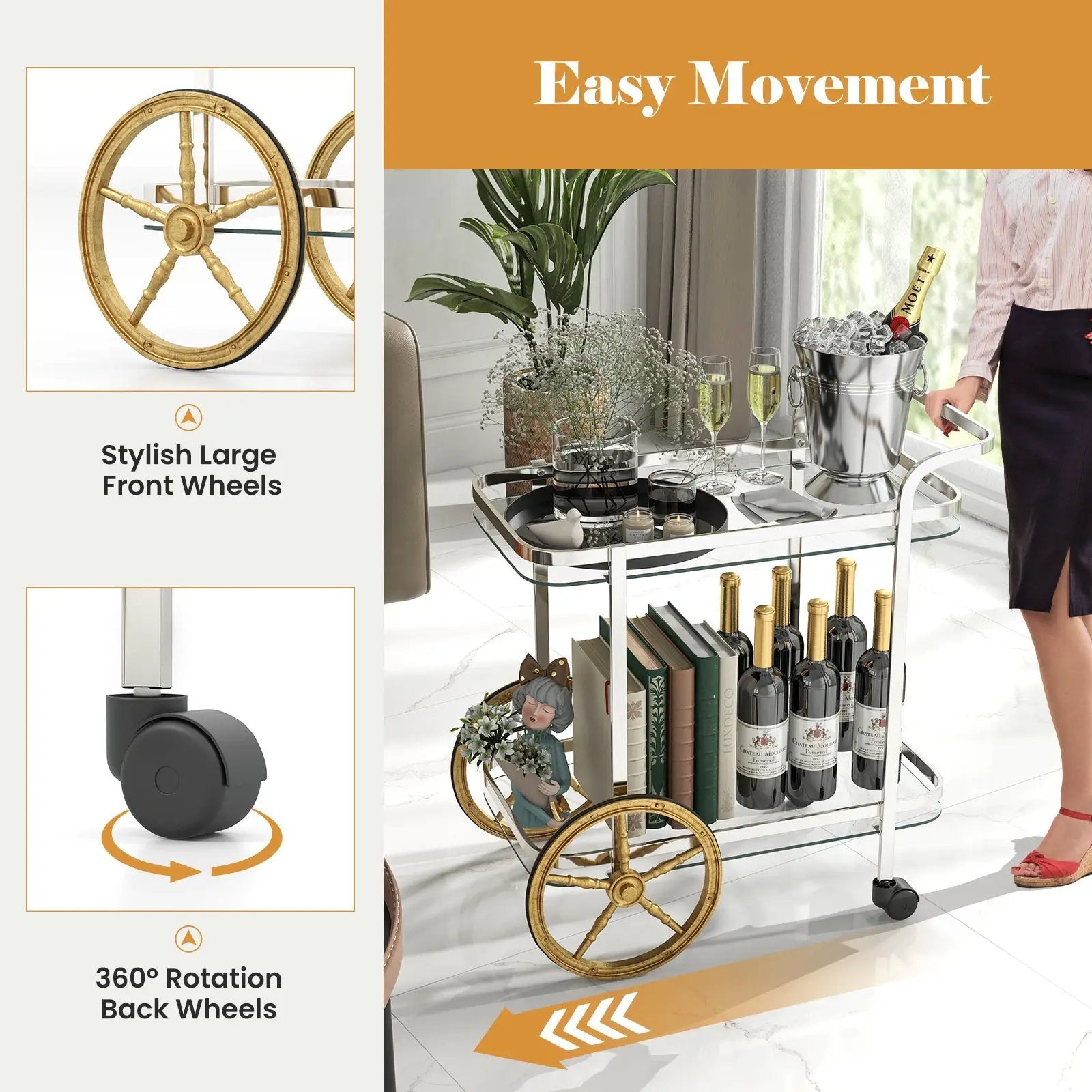 2-Tier Tempered Glass Bar Cart with 2 Large Aluminum Wheels and 2 Rolling Casters by DirectDeals