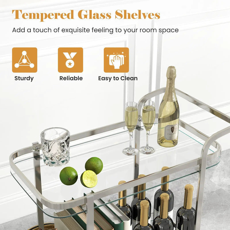 2-Tier Tempered Glass Bar Cart with 2 Large Aluminum Wheels and 2 Rolling Casters by DirectDeals