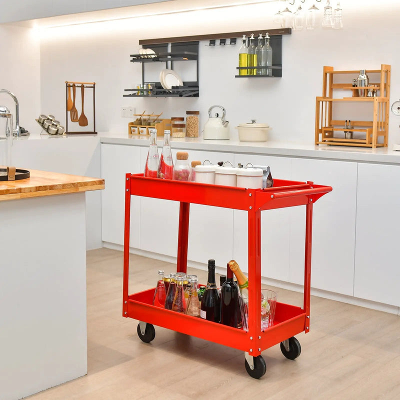 2-Tier Utility Cart with Handle and Heavy-Duty Metal Frame-Red by DirectDeals