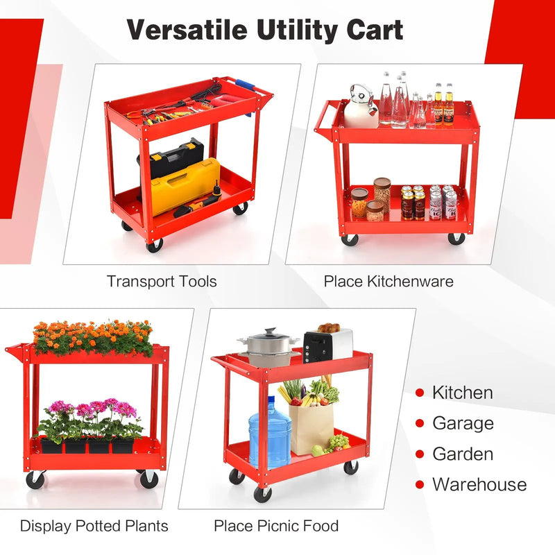 2-Tier Utility Cart with Handle and Heavy-Duty Metal Frame-Red by DirectDeals