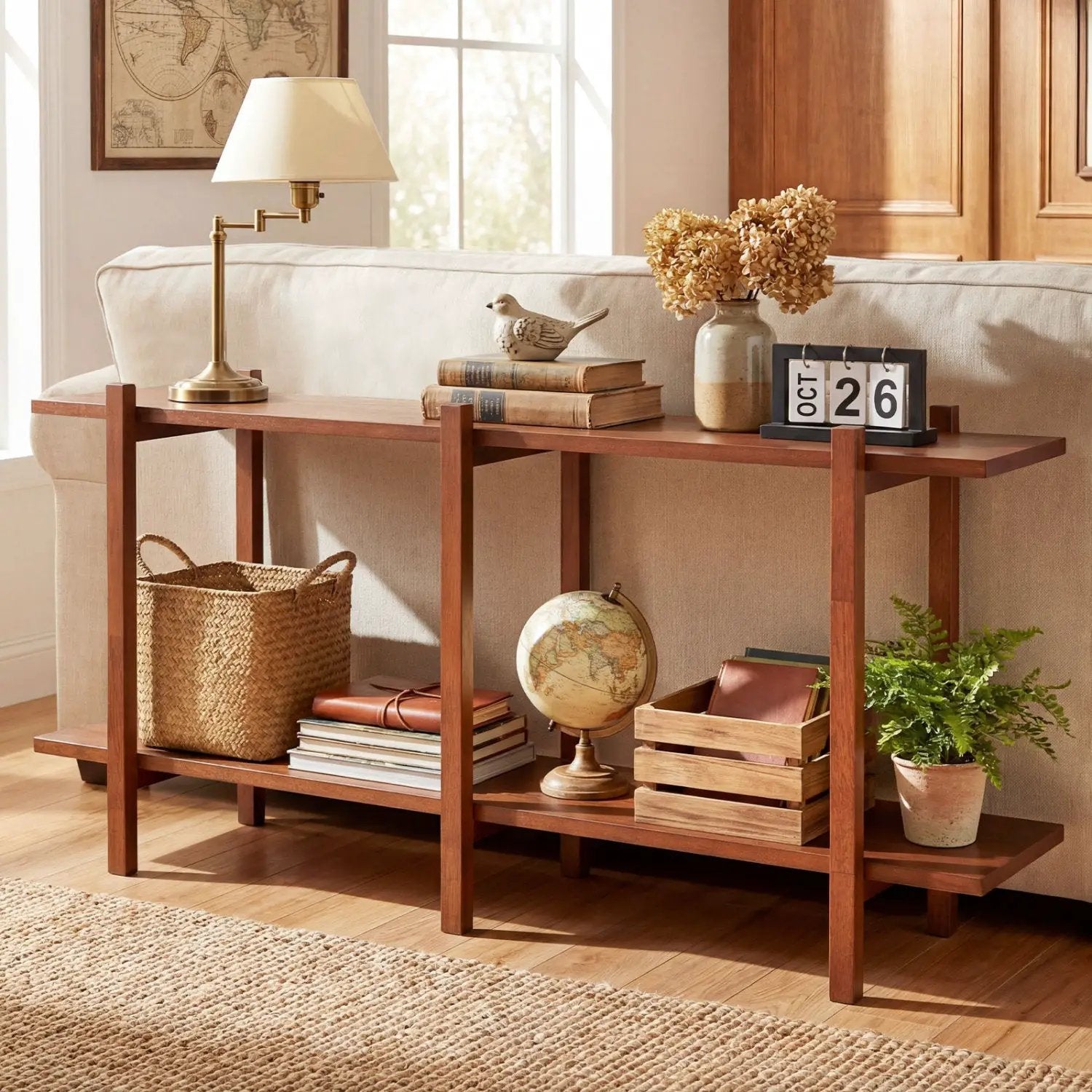 2-Tier Wood Bookshelf Low Horizontal Rubberwood Bookcase for Display-Walnut by DirectDeals