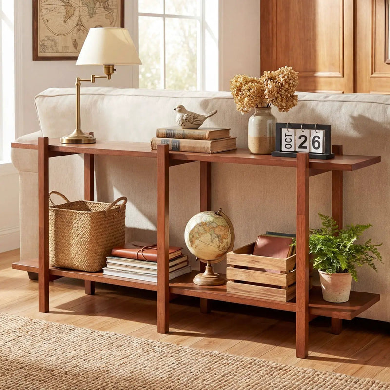 2-Tier Wood Bookshelf Low Horizontal Rubberwood Bookcase for Display-Walnut by DirectDeals