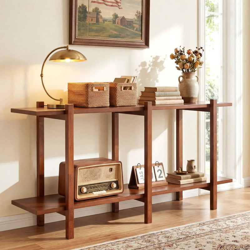 2-Tier Wood Bookshelf Low Horizontal Rubberwood Bookcase for Display-Walnut by DirectDeals