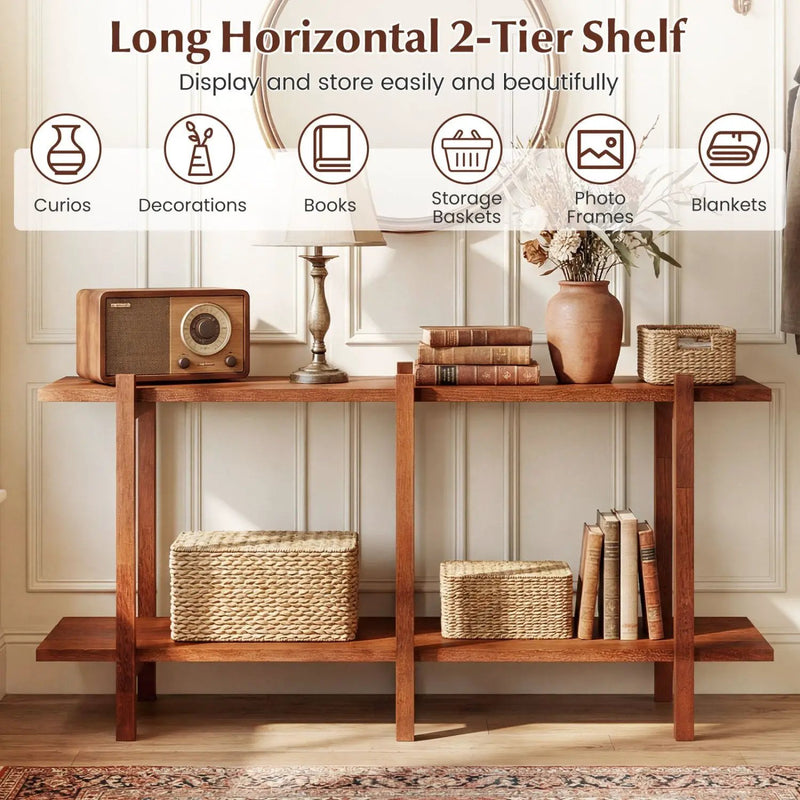 2-Tier Wood Bookshelf Low Horizontal Rubberwood Bookcase for Display-Walnut by DirectDeals