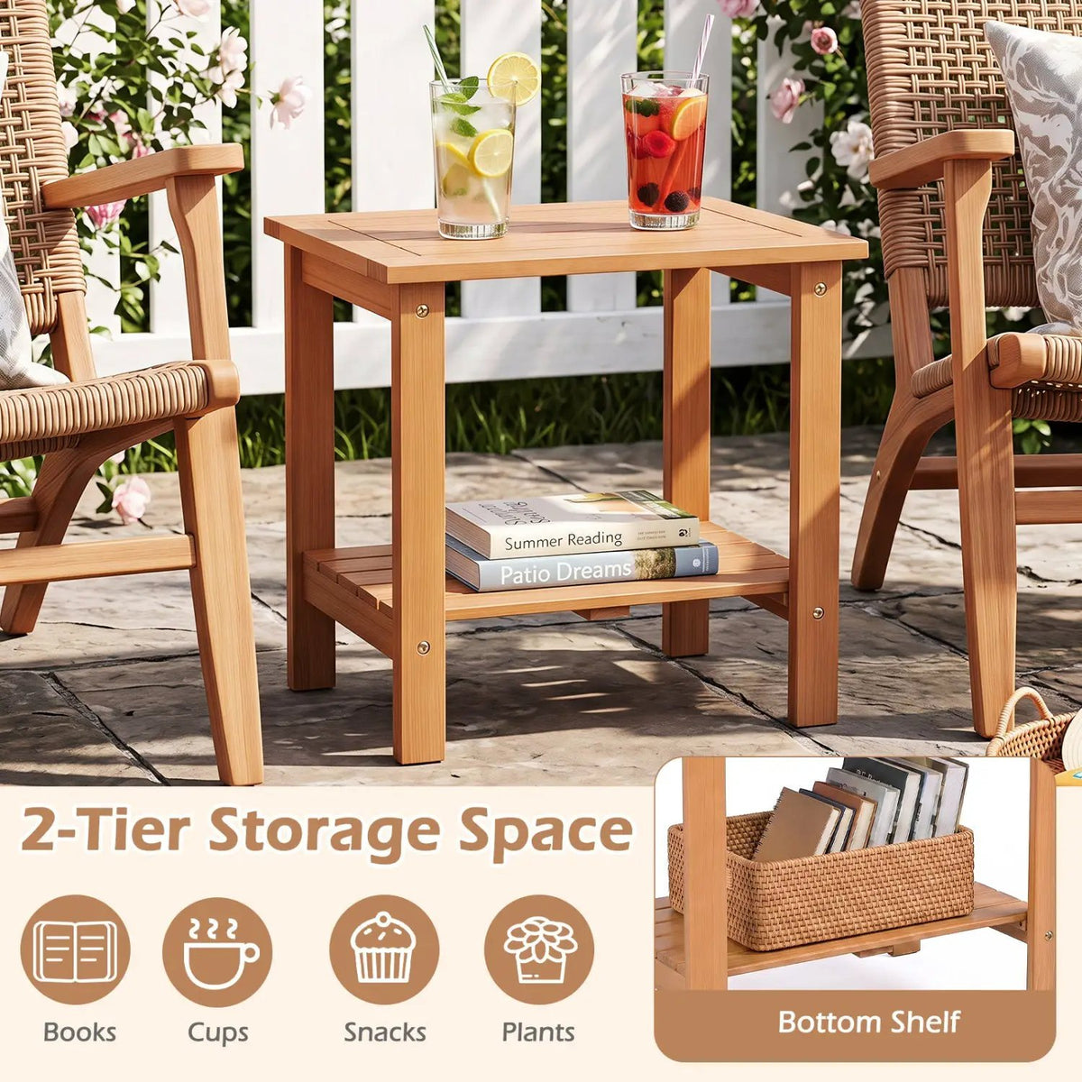 2-Tier Eucalyptus Wood Patio End Table with Storage Shelf by DirectDeals