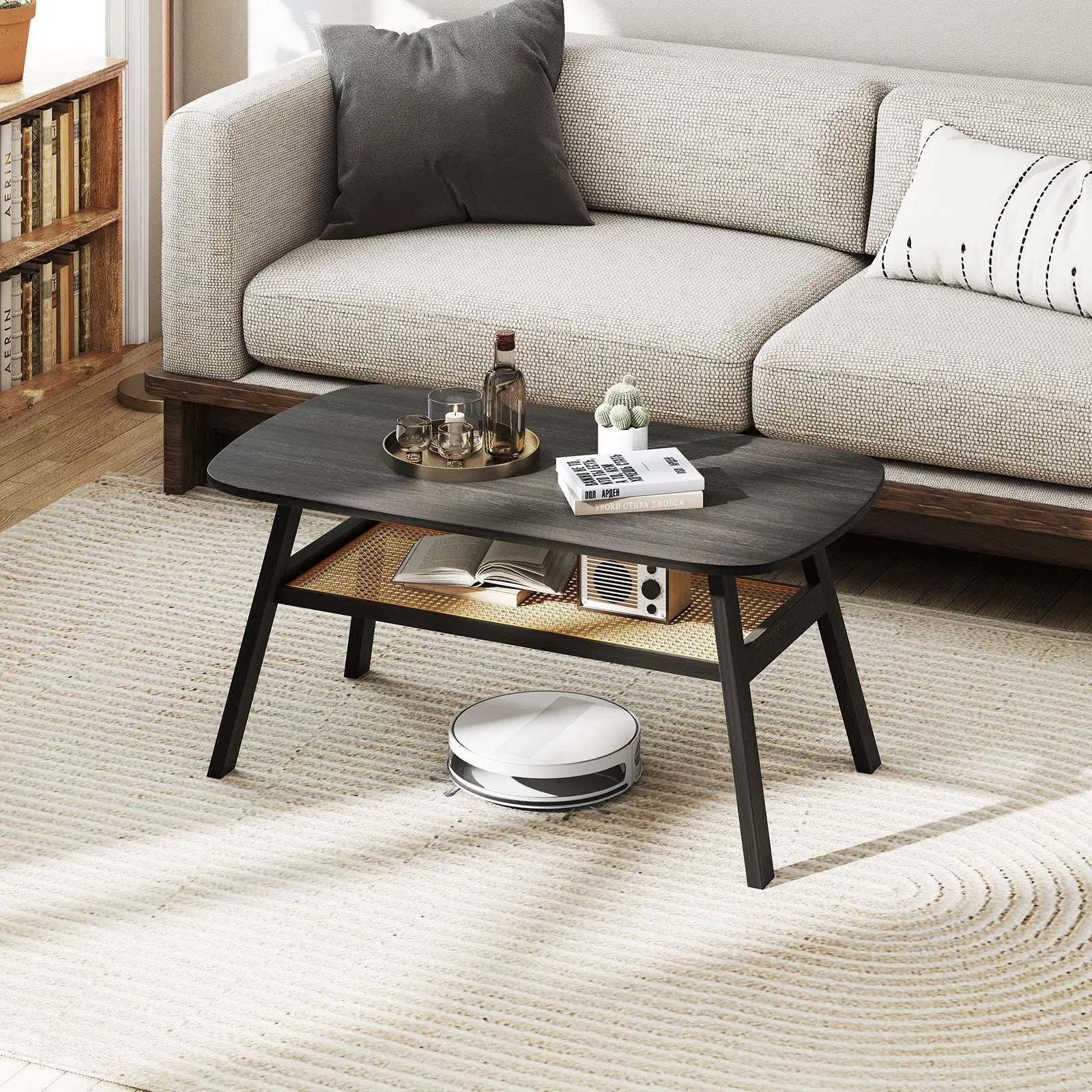 2-Tier Rectangular Center Coffee Table with Rattan Storage Shelf and Rubber Wood Legs-Dark Gray by DirectDeals