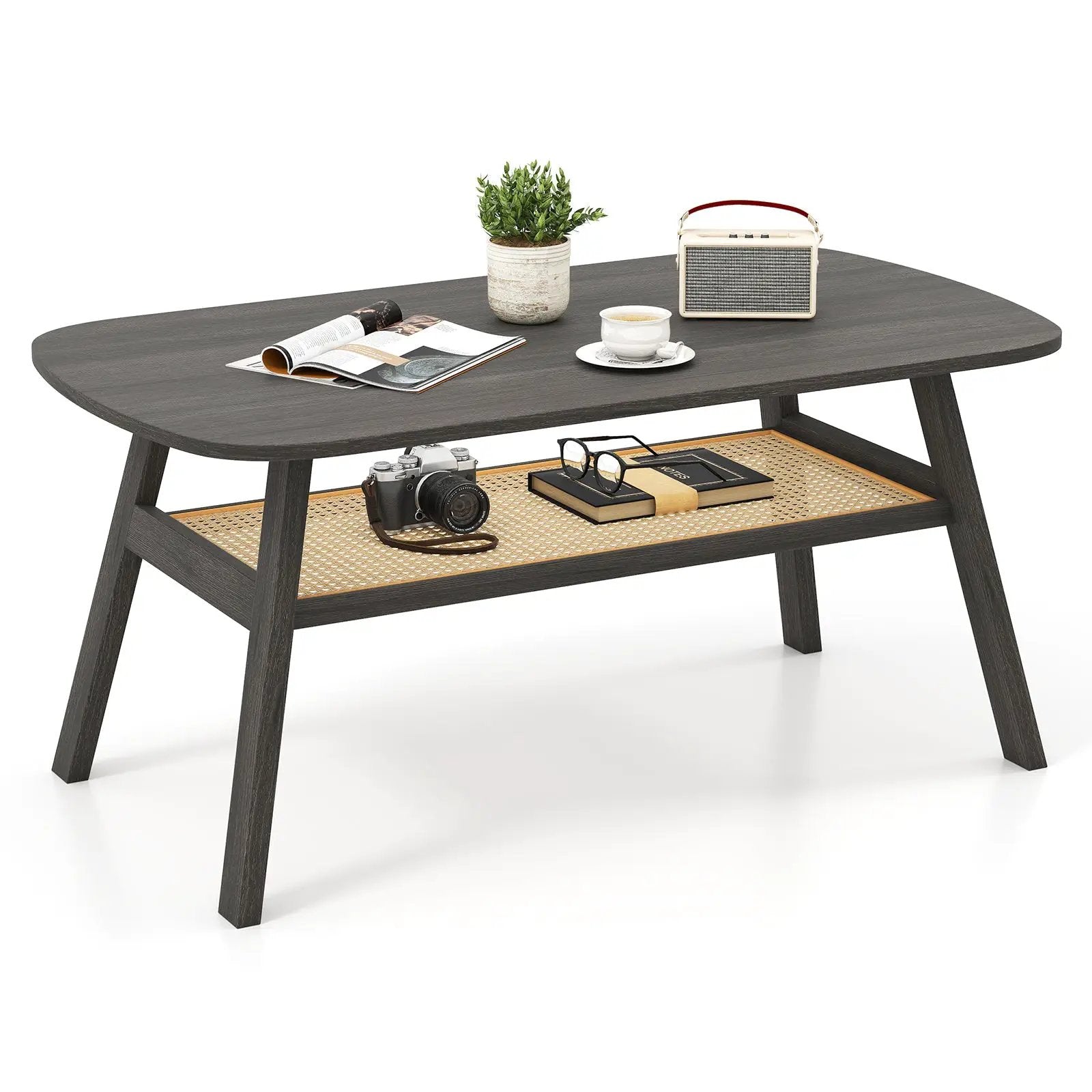 2-Tier Rectangular Center Coffee Table with Rattan Storage Shelf and Rubber Wood Legs-Dark Gray by DirectDeals