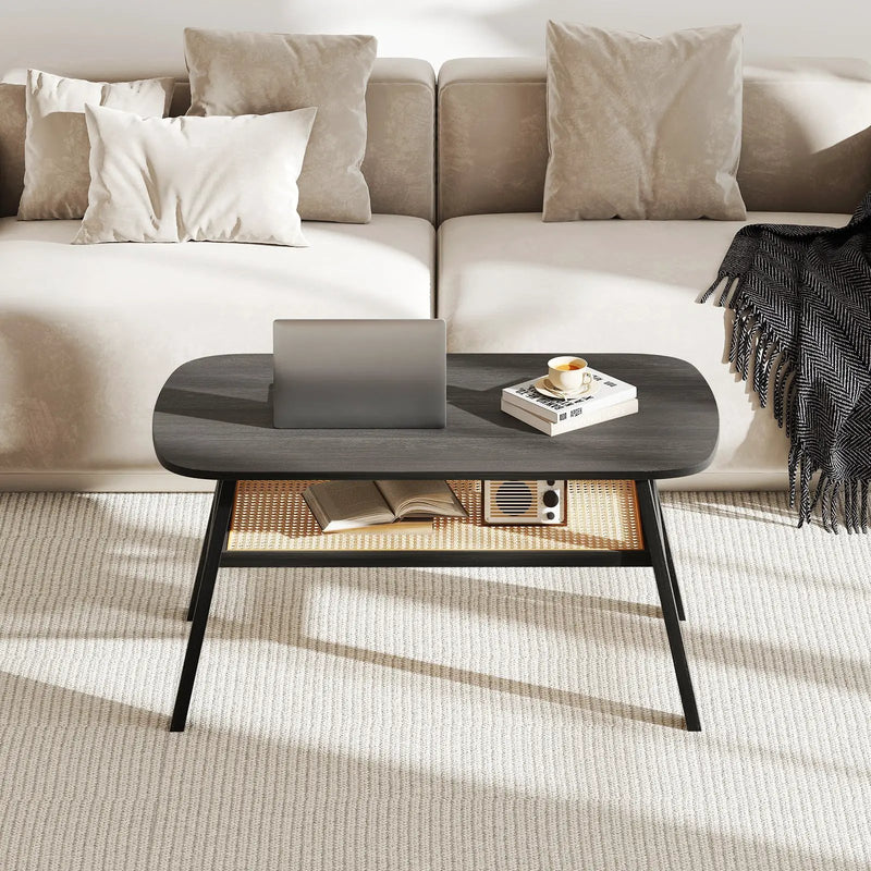 2-Tier Rectangular Center Coffee Table with Rattan Storage Shelf and Rubber Wood Legs-Dark Gray by DirectDeals