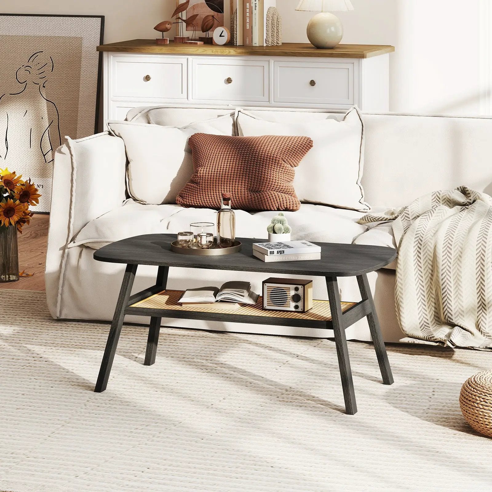 2-Tier Rectangular Center Coffee Table with Rattan Storage Shelf and Rubber Wood Legs-Dark Gray by DirectDeals