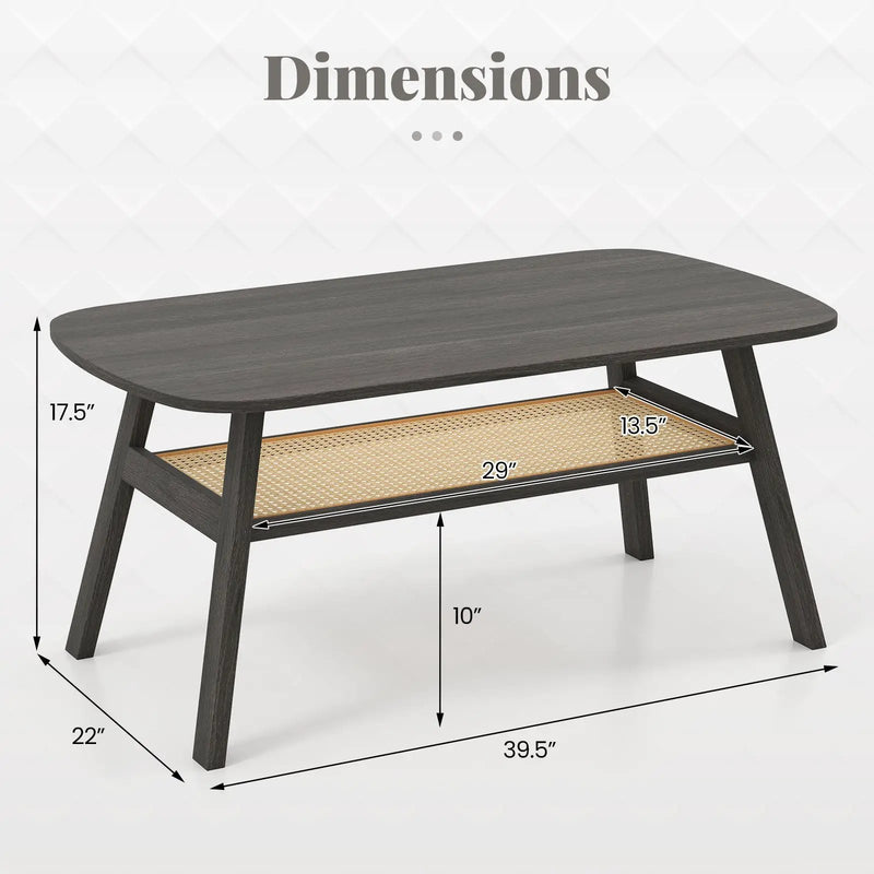 2-Tier Rectangular Center Coffee Table with Rattan Storage Shelf and Rubber Wood Legs-Dark Gray by DirectDeals