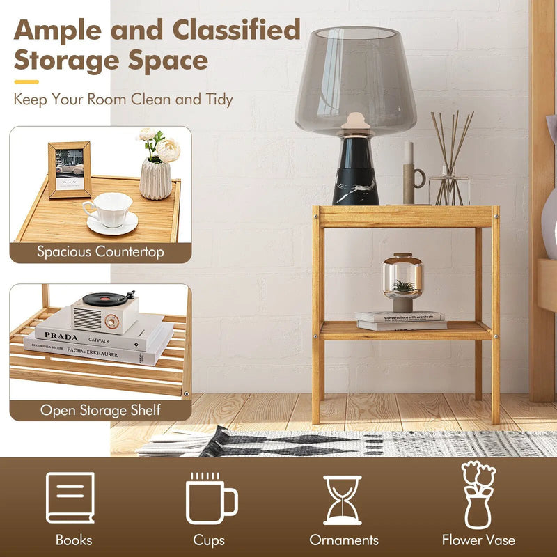 2 Pieces 2 Tiers Bamboo Nightstand for Living Room Bedroom-Natural by DirectDeals