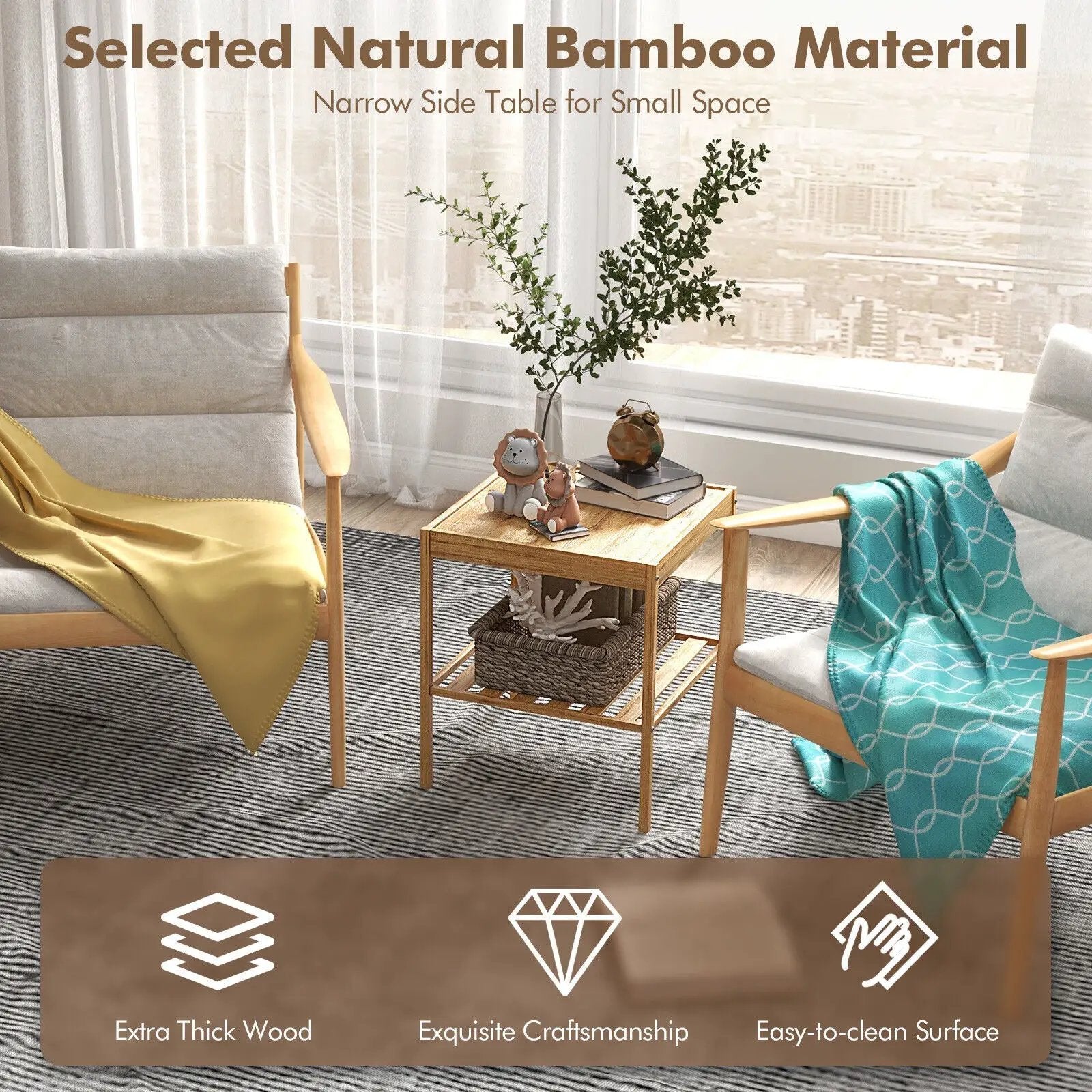 2 Pieces 2 Tiers Bamboo Nightstand for Living Room Bedroom-Natural by DirectDeals