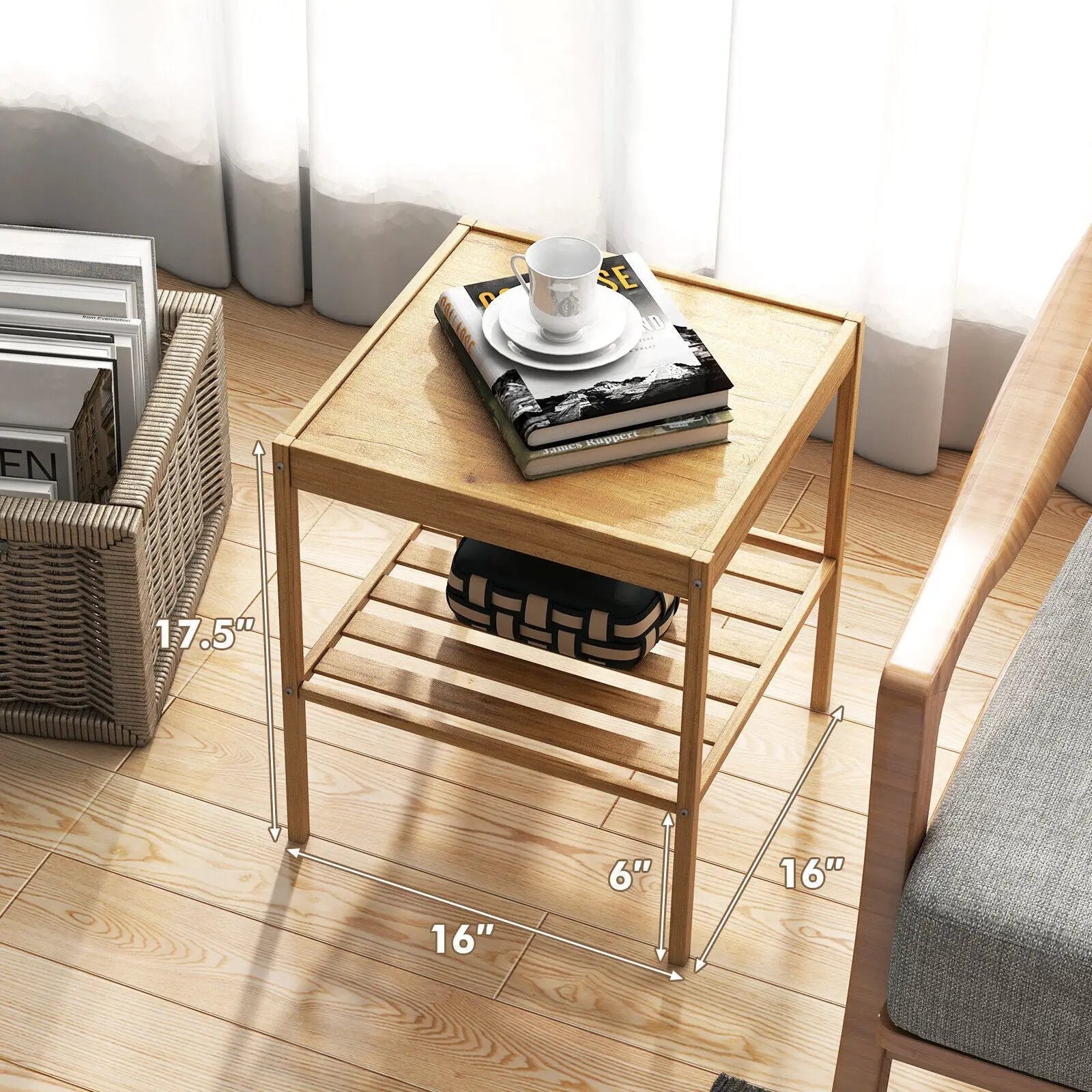 2 Pieces 2 Tiers Bamboo Nightstand for Living Room Bedroom-Natural by DirectDeals