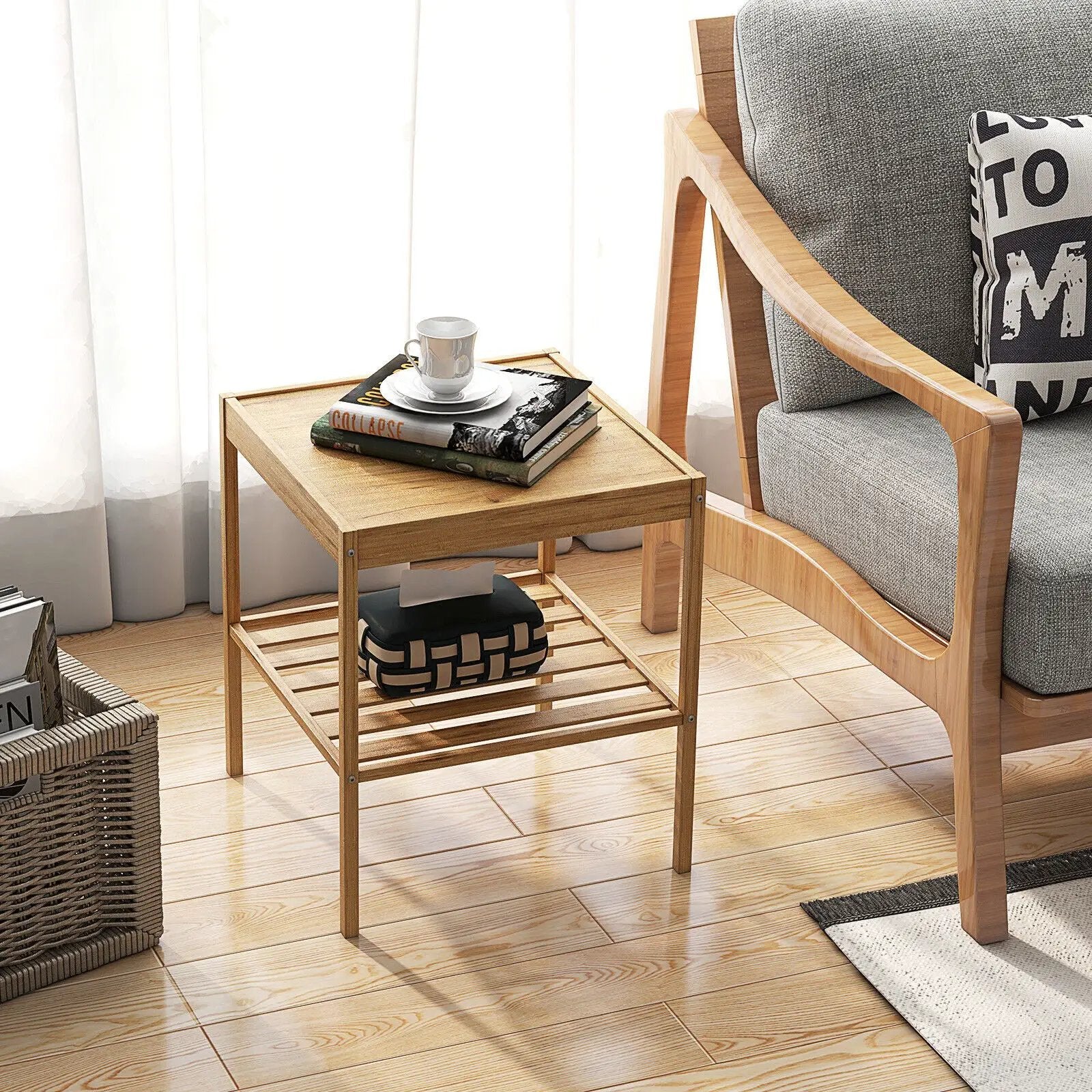 2 Pieces 2 Tiers Bamboo Nightstand for Living Room Bedroom-Natural by DirectDeals