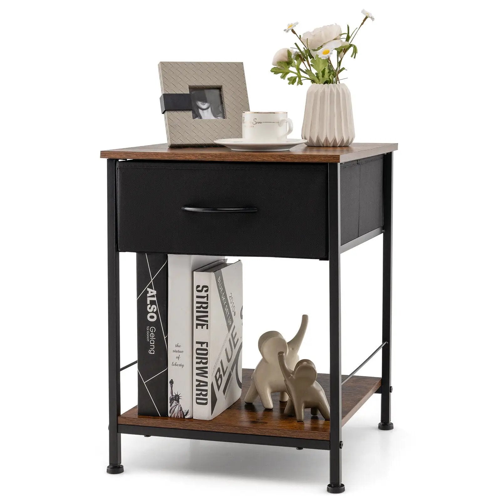 2 Tiers Wood Nightstand with Drawer for Bedroom and Living Room-Rustic Brown by DirectDeals