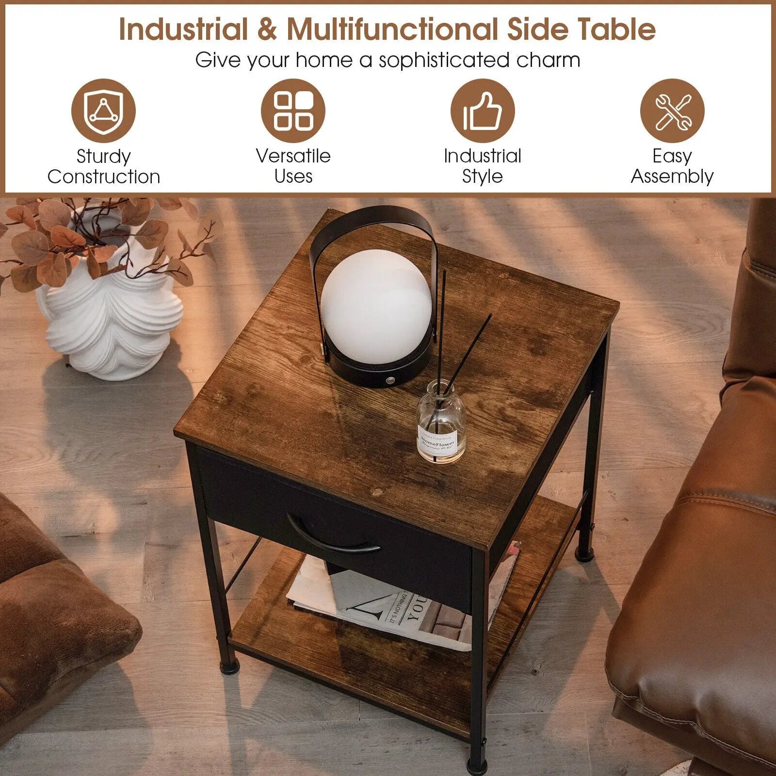 2 Tiers Wood Nightstand with Drawer for Bedroom and Living Room-Rustic Brown by DirectDeals