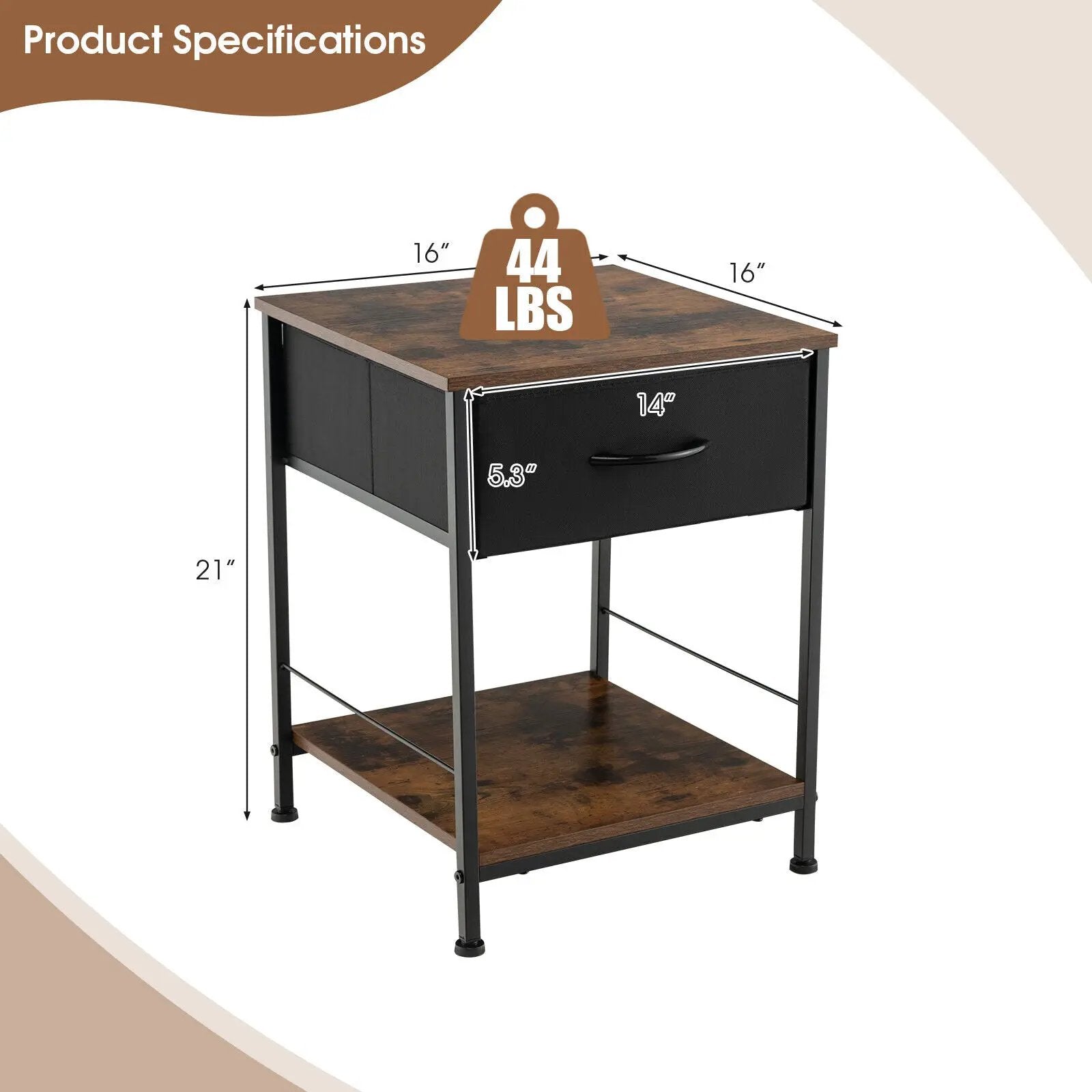 2 Tiers Wood Nightstand with Drawer for Bedroom and Living Room-Rustic Brown by DirectDeals