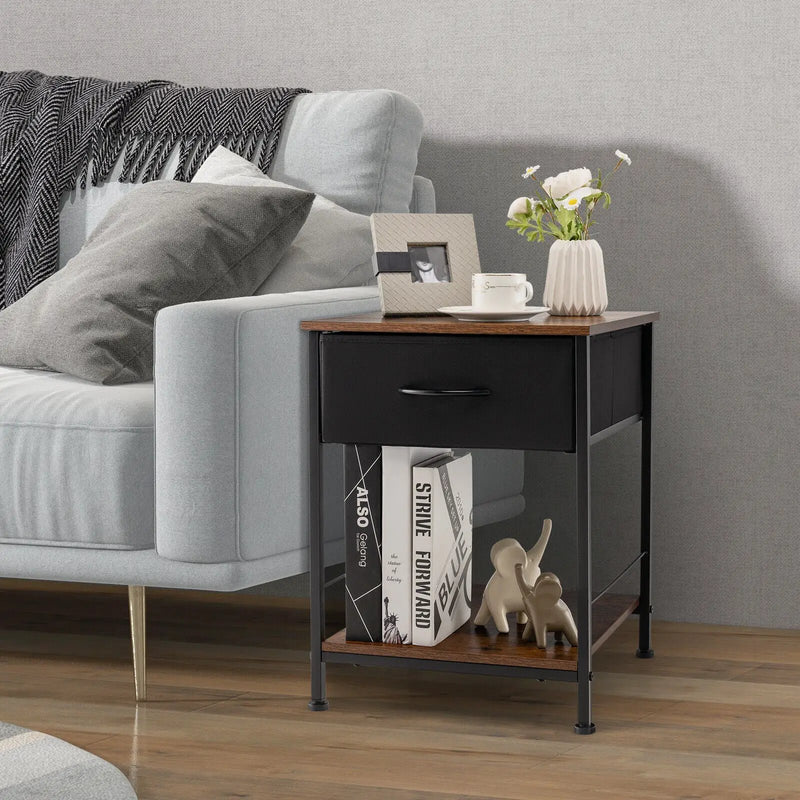 2 Tiers Wood Nightstand with Drawer for Bedroom and Living Room-Rustic Brown by DirectDeals