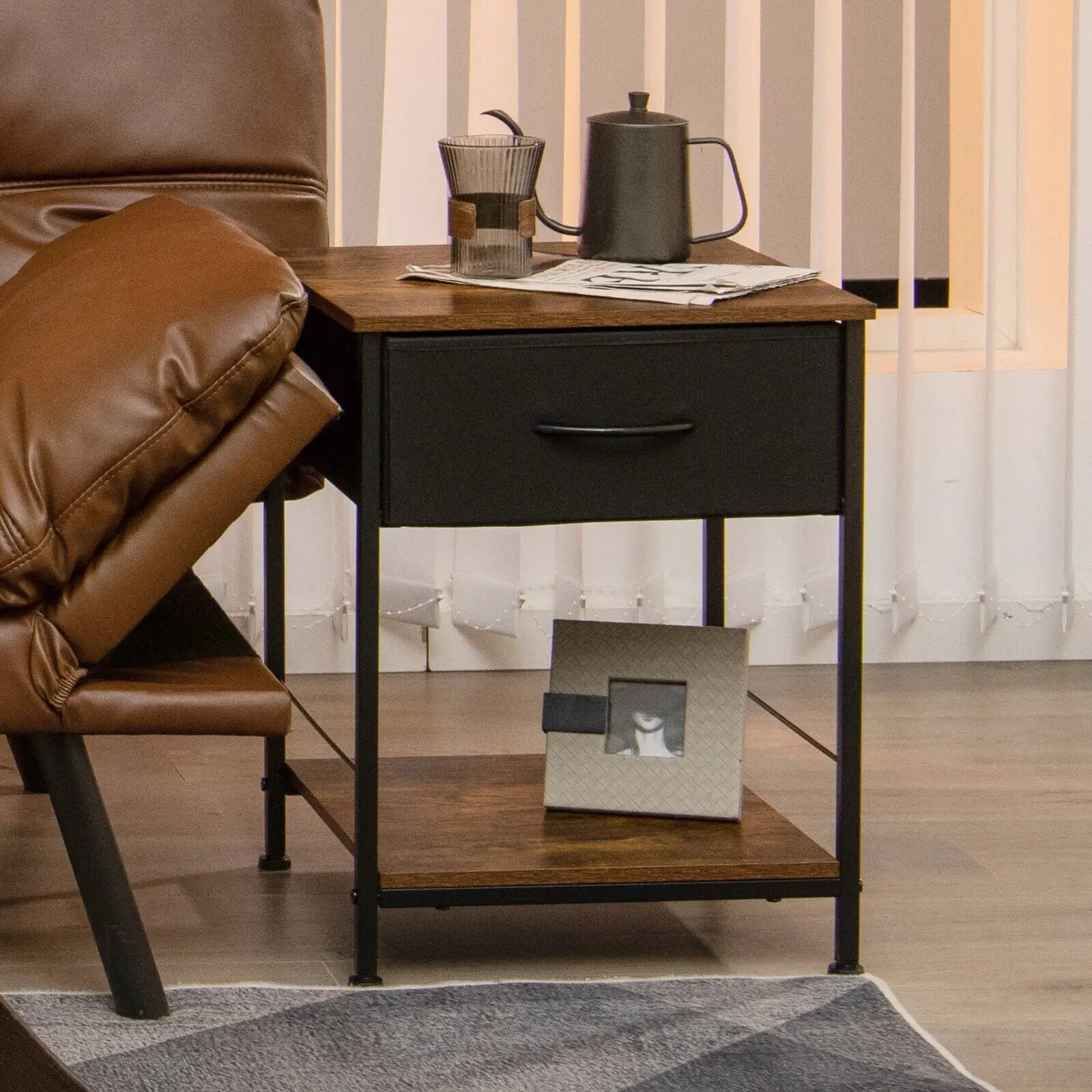 2 Tiers Wood Nightstand with Drawer for Bedroom and Living Room-Rustic Brown by DirectDeals