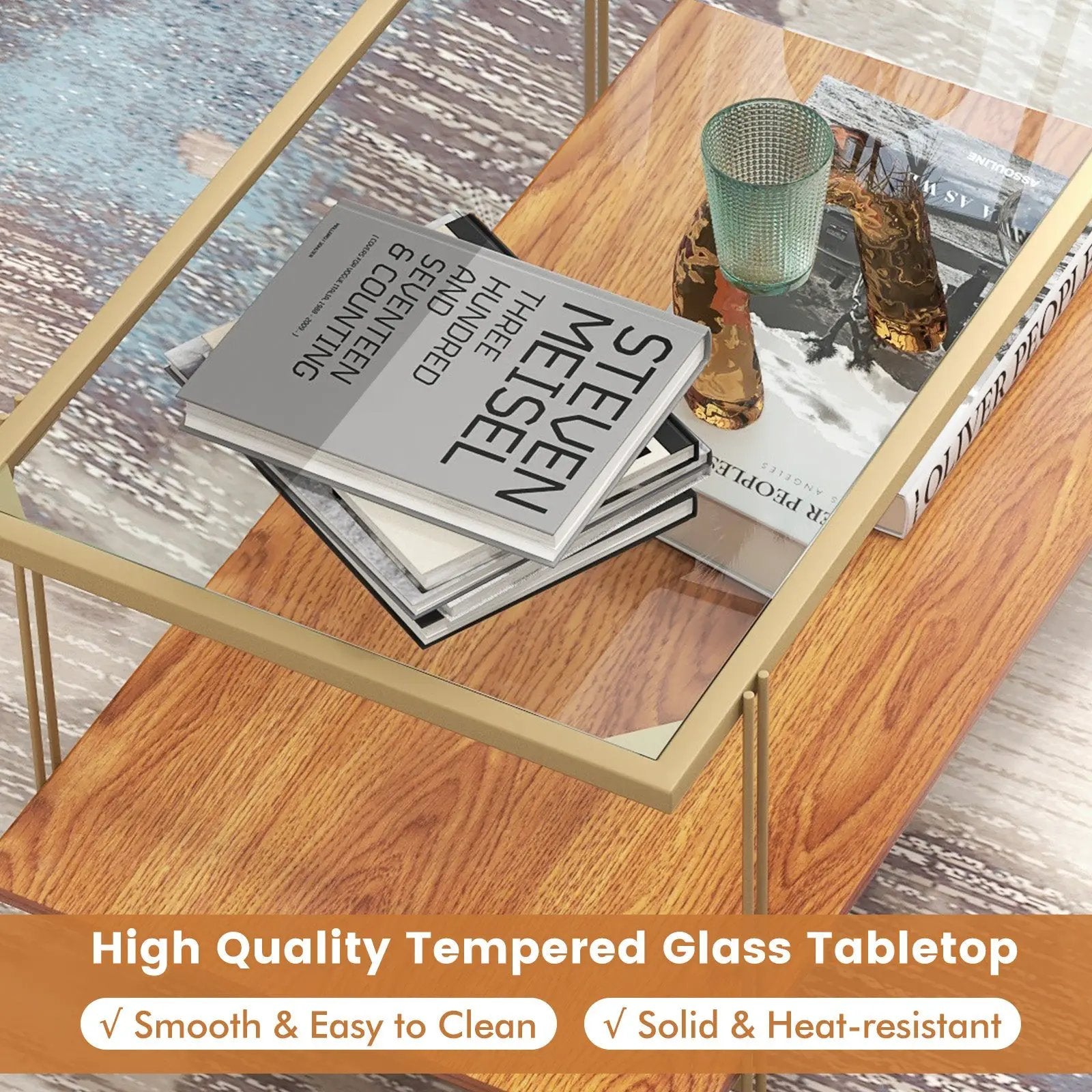 2 Tiers Rectangle Glass Coffee Table with White and Gold Steel Frame-Golden by DirectDeals