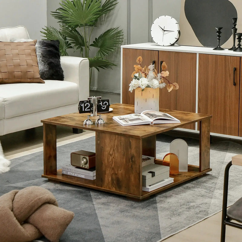 2 Tiers Square Coffee Table with Storage and Non-Slip Foot Pads-Rustic Brown by DirectDeals