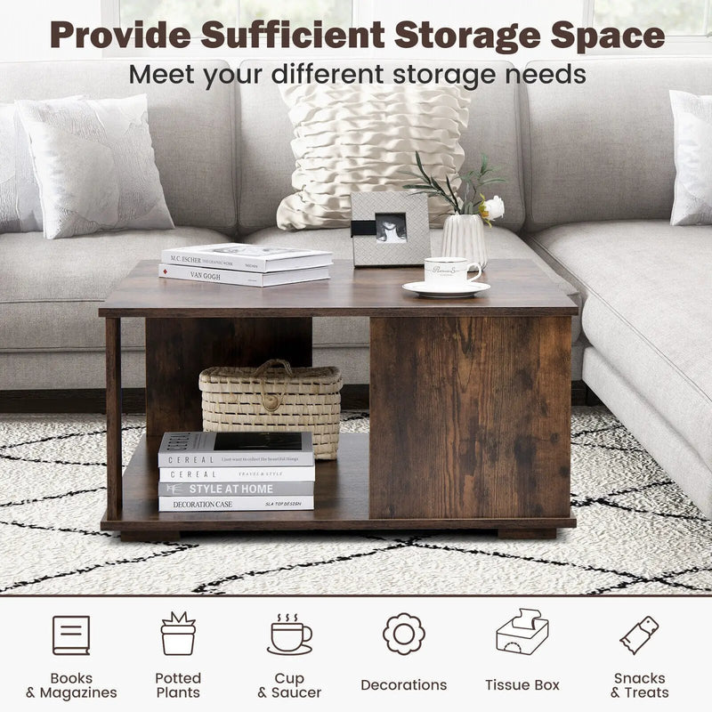 2 Tiers Square Coffee Table with Storage and Non-Slip Foot Pads-Rustic Brown by DirectDeals