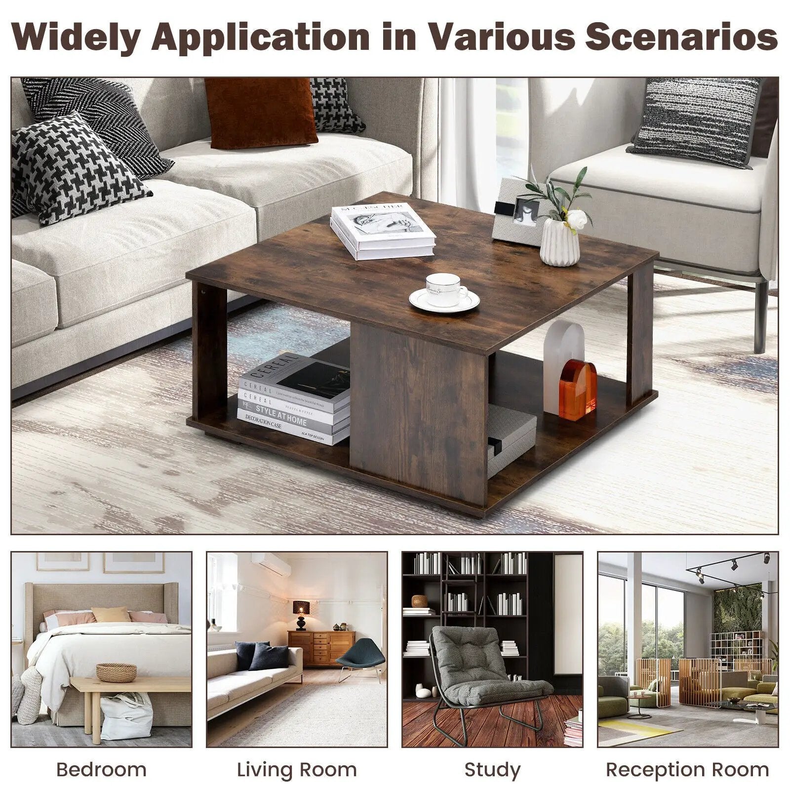 2 Tiers Square Coffee Table with Storage and Non-Slip Foot Pads-Rustic Brown by DirectDeals