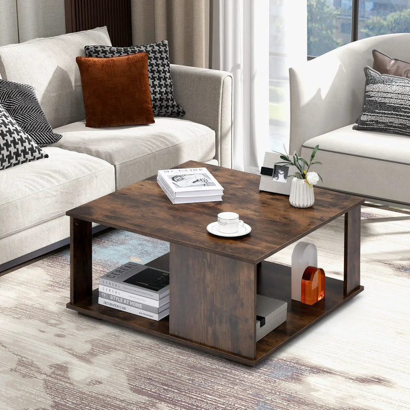2 Tiers Square Coffee Table with Storage and Non-Slip Foot Pads-Rustic Brown by DirectDeals
