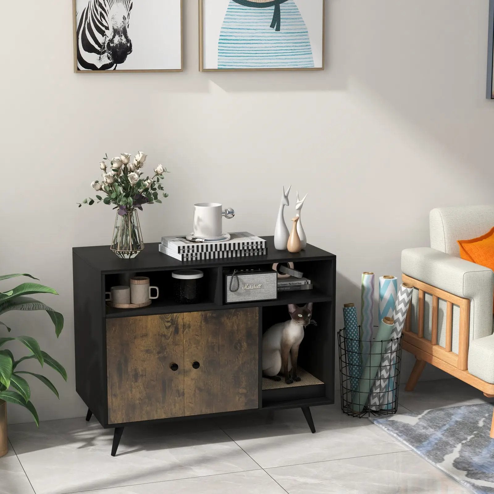 Cat Litter Box Enclosure with Storage Compartments and Pet Scratcher by DirectDeals