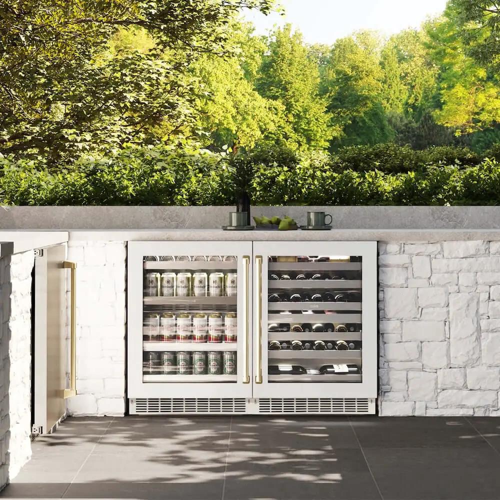 ZLINE 24" Touchstone Dual Zone 44 Bottle Wine Cooler White Matte Glass Door Champagne Bronze Handle RWDOZ-WM-24-CB by Farmhouse Kitchen and Bath