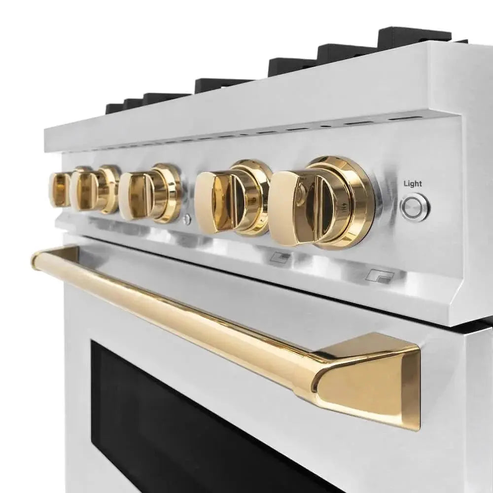 ZLINE 30" Dual Fuel Range, Gas Cooktop, Electric Convection Oven DuraSnow® Stainless Steel, Gold CDRSZ-30-G by Farmhouse Kitchen and Bath