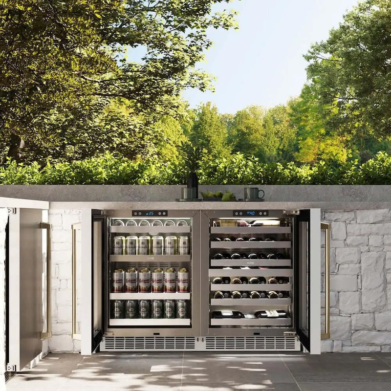 ZLINE 24" Touchstone 151 Can Beverage Fridge White Matte Glass Door Champagne Bronze Handle RBSOZ-WM-24-CB by Farmhouse Kitchen and Bath