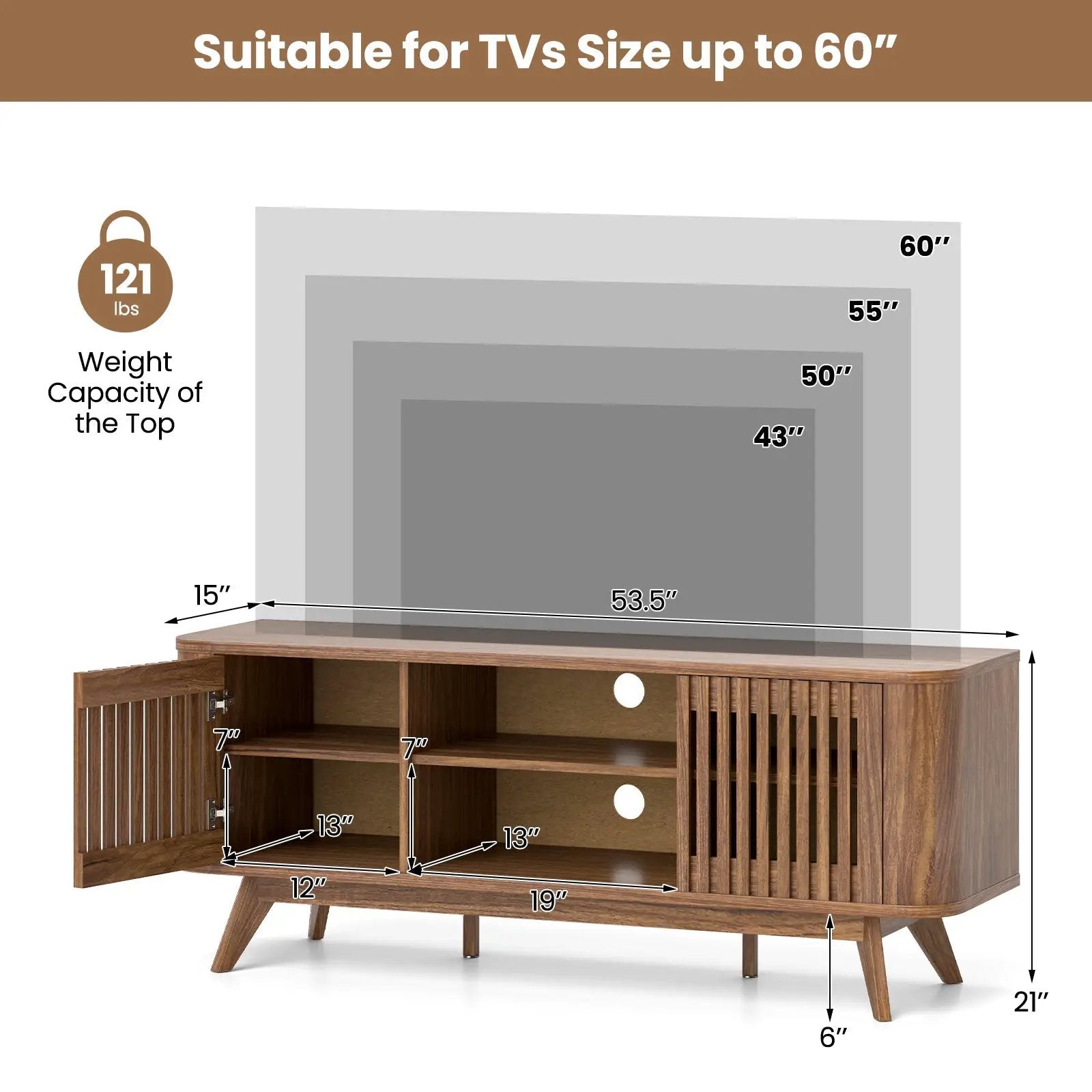 2-Door TV Stand for TVs up to 60 Inches with Adjustable Shelves-Walnut by DirectDeals