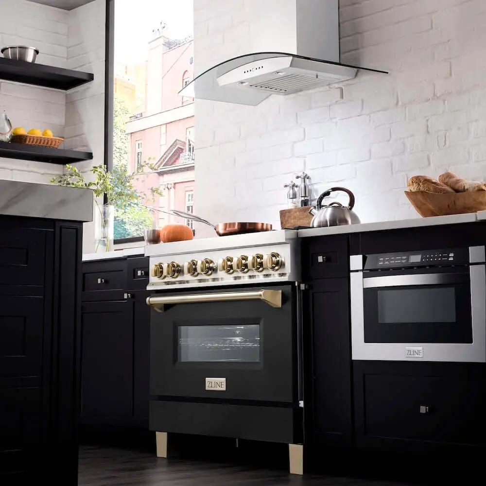 ZLINE 36" Autograph Dual Fuel Range, Black, Gold, RAZ-BLM-36-G by Farmhouse Kitchen and Bath
