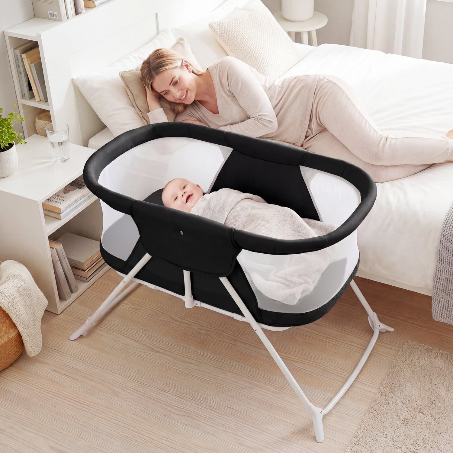 2 in 1 Baby Bassinet with Rocking Motion Foldable Bedside Sleeper with Breathable Mesh by DirectDeals