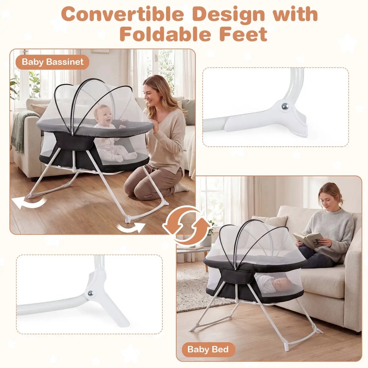 2 in 1 Baby Bassinet with Rocking Motion Foldable Bedside Sleeper with Breathable Mesh by DirectDeals