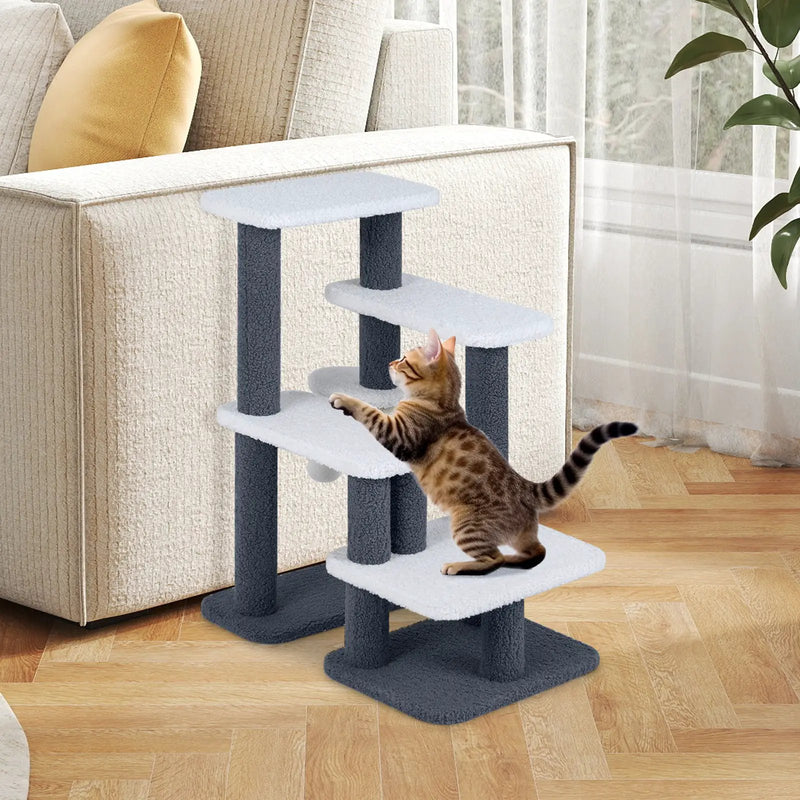 2-in-1 Cat Stairs Cat Tree Tower with Scratching Posts and Hanging Toy Ball-Gray by DirectDeals