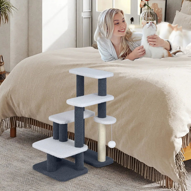 2-in-1 Cat Stairs Cat Tree Tower with Scratching Posts and Hanging Toy Ball-Gray by DirectDeals