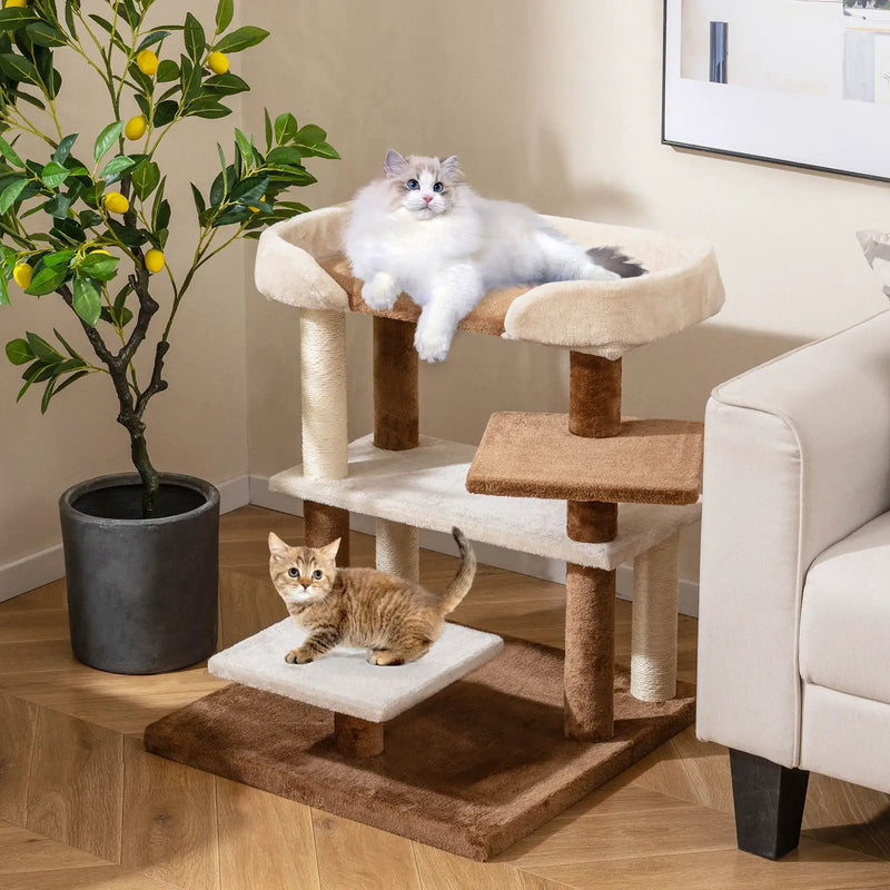 2-in-1 Cat Tree Tower Pet Steps with Sisal Scratching Posts and 4 Large Platforms-Brown by DirectDeals