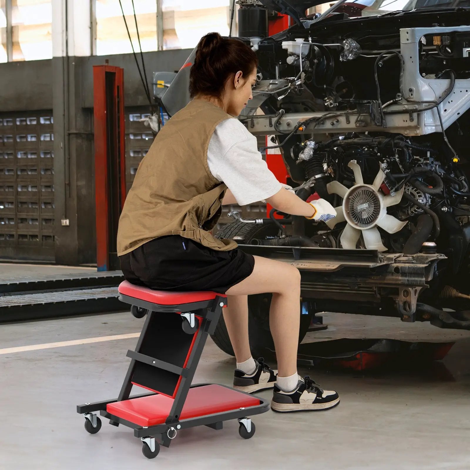 2-in-1 Folding Low Profile Mechanic Creeper with Padded Seat and 6 Wheels-Red by DirectDeals